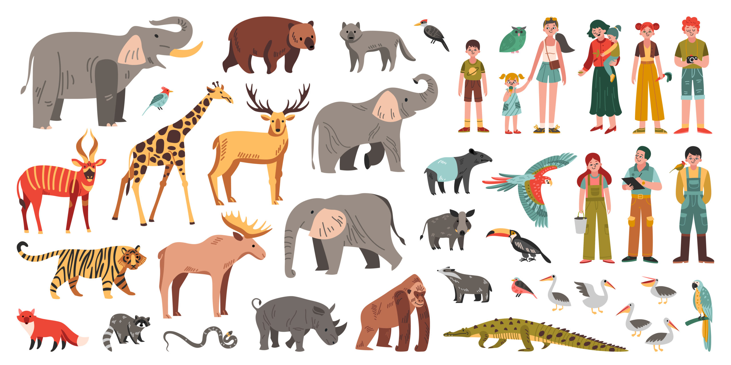 Zoo flat set with different animals birds happy visitors and zookeepers isolated on white background vector illustration
